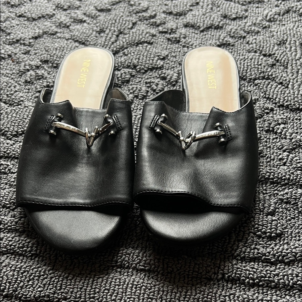 Nine West Black Leather Mules with Silver Accents